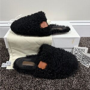Loewe Shearling Black Wool Anagram Logo Slip On Slippers